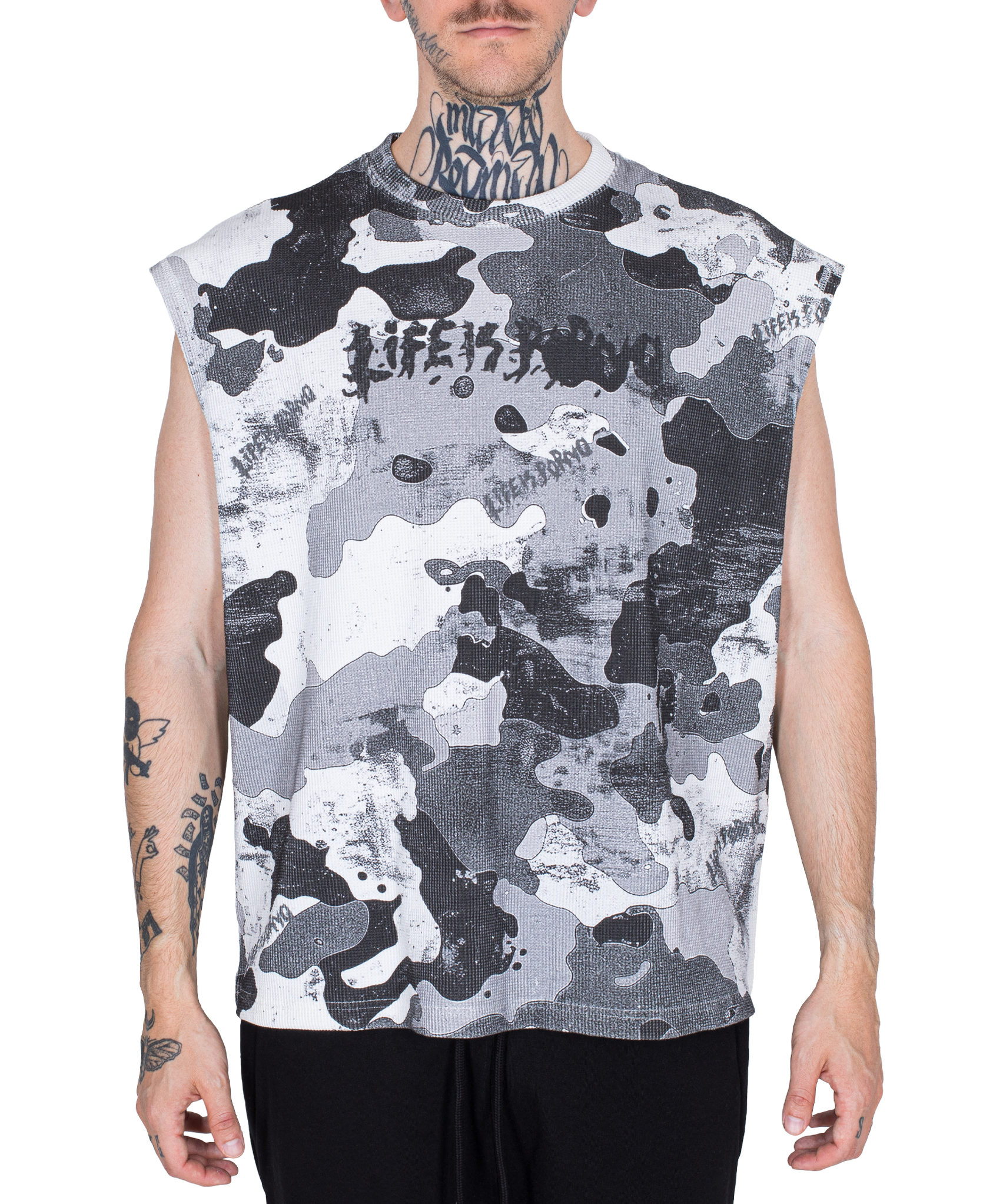 WAFFLE SLEEVELESS TOP: CAMO GREY