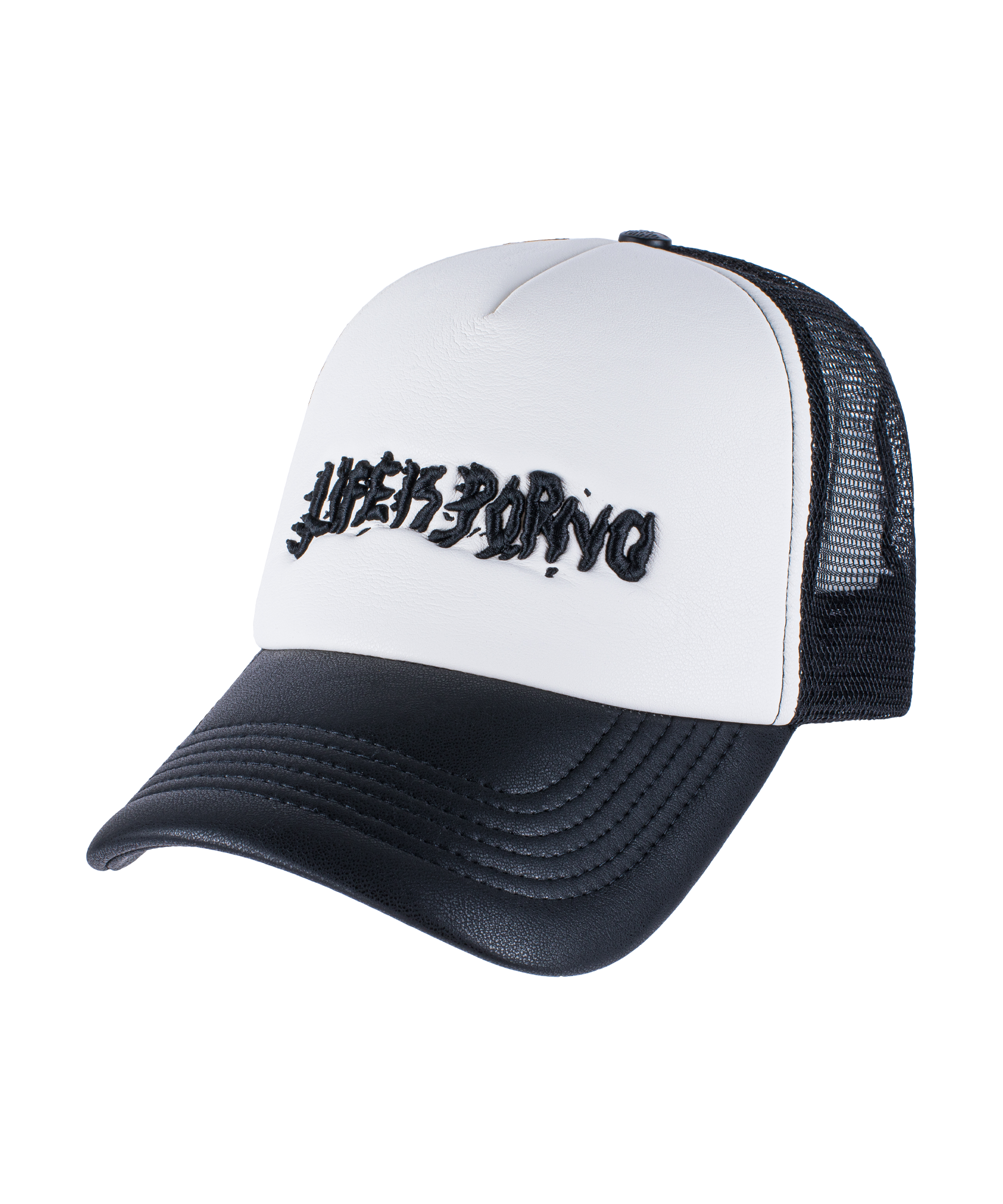5 PANEL BALL CAP TRUCKER: BLACK/WHITE