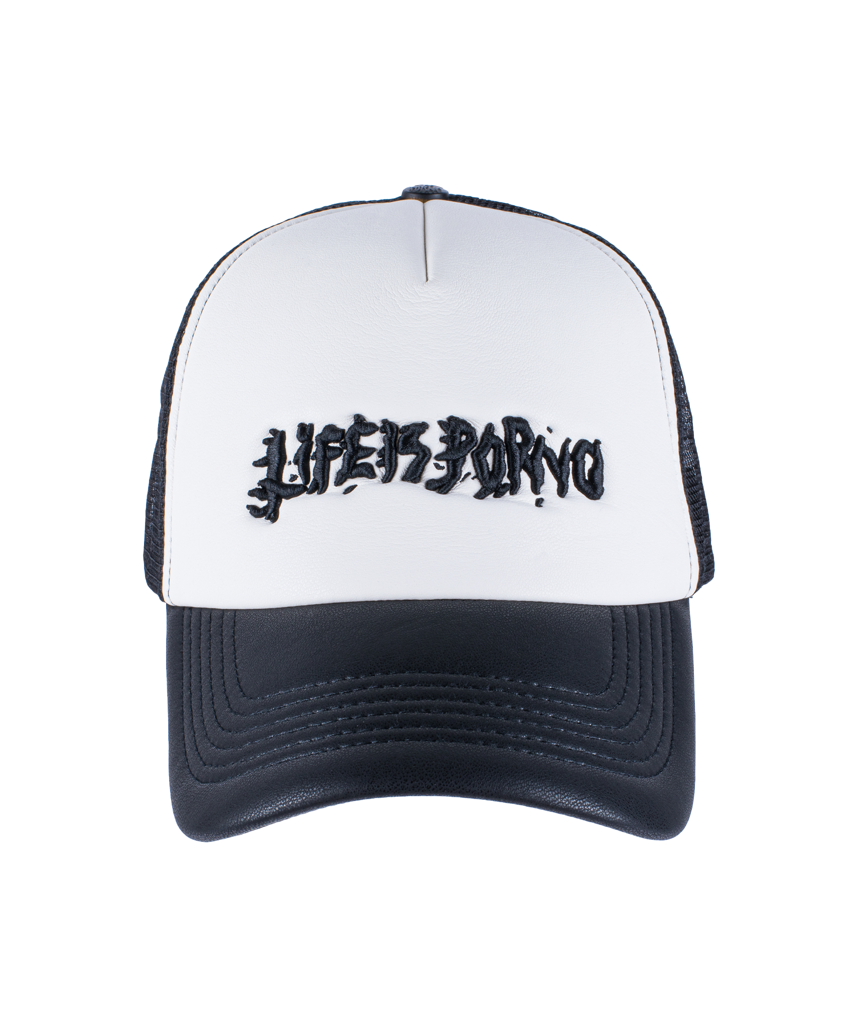 5 PANEL BALL CAP TRUCKER: BLACK/WHITE