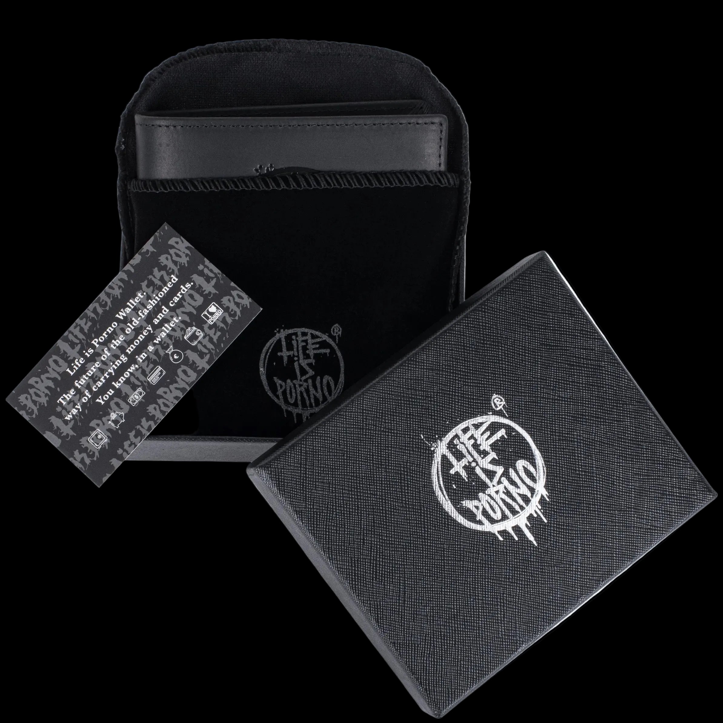 Black portfolio with logo, card holder, and black background