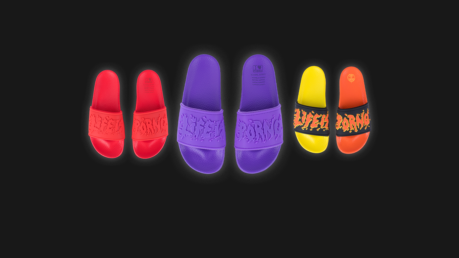 Three pairs of life is porno slides — red, purple and tiger — against a dark backdrop