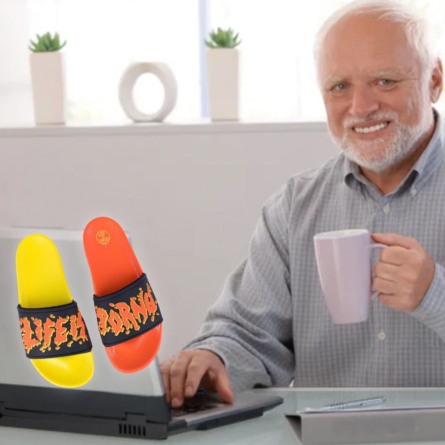 Smiling grandfather at a laptop next to a pair of slides
